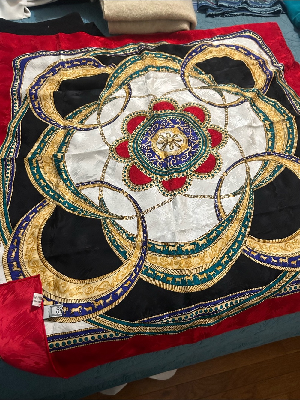 Carlo Margo Medalion Silk Scarf Gold Rings with detailed horse border